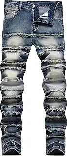 [Zylphorix] Men's High Street Raw Edge Ripped Jeans Retro Casual Hip Hop Denim Pants Y2K Classic Comfy Embroidered Trousers, Blue, 36