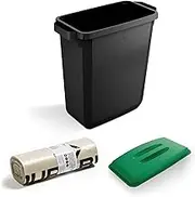 DURABIN 60L Black Rectangular Wastebin and Green Lid and 110L Dustbin Bags 25 Pack Strong Plastic Bag for Rubbish Recycling Food Safe with Blue Angel Certified Bin Liners for Home Office Schools
