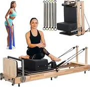 Reformer Pilates Machine, Wooden Folding Core Pilates Bed for Home Workouts with Resistance Bands