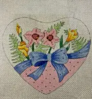 Hand Painted Needlepoint Canvas 18 Ct. HEART WITH 2 PINK FLOWERS & BLUE BOW