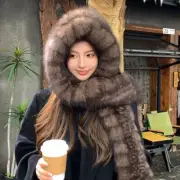 Women's Real Fox Fur Hat +Scarf Set Warm Knitted Scarves Outdoor Shawl Cap