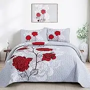 Floral Quilt Set King Size,Elegant Red Floral Printed Bedspread Coverlet 3 Pieces Soft Microfiber Bedding Set with 2 Pillowcases for All Season(104"×90")