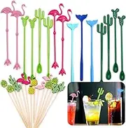 Daily Treasures Cocktail Ice Drink Swizzle Sticks, 15Pcs 8" Flamingo Cactus Whale Reusable Novelty Swizzle Sticks with 14Pcs 5" Bamboo Decorative Cocktail Appetizer Picks for Tropical Beach Party