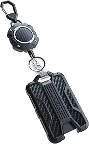 LIUGX Retractable Badge Holders, Heavy Duty Carabiner Keychain,Durable ID Card Holder (Holds 4 Cards), Carbon Fiber-Texture, with 31.5”Badge Reel Key Chain, 10,000+ Rebound, Silver-Black