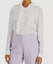 $79 Tahari Asl Women's White Ruffled Button-Front Blouse Top Size S