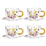 8pc Ashdene Pressed Flowers 350ml Double Walled Glass Tea Cup Mug & Saucer Set