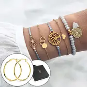 Boxed Bohemian Multi Layered Charm Bead Bracelet and Hoop Gold Plated Earrings Set - Grey