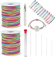 2 Rolls 50 m Nylon Beading String Thread and Beading Needles Set, Width 1 mm Rainbow Beading Cord Thread with 5 Big Eye Beading Needles for Jewelry Making, Necklaces, Beading and Crafts
