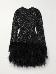 [Dolce & Gabbana] Dolce & Gabbana - Feather-trimmed Sequined Tulle Mini Dress - Black - IT40 IT 40 Black