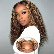 4GIRL4EVER Deep Wave 6x4 Lace Front Wigs Human Hair Wear and Go Glueless Wig Ombre Highlight Blonde Closure Wig Pre Plucked Lace Closure Wig for Beginners 180% Density 20 Inch