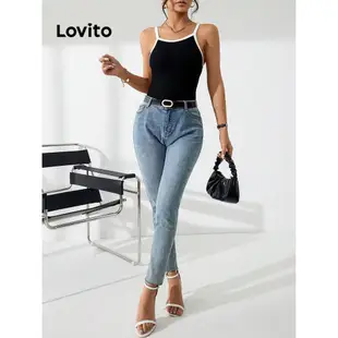 Lovito 女款休閒素色撞色綁帶細肩帶上衣 LNL35026 (黑色)