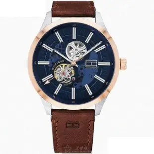 【Tommy Hilfiger】TommyHilfiger手錶型號TH00025(寶藍色錶面玫瑰金錶殼咖啡色真皮皮革錶帶款)