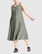 Refinity By City Chic Ladies Linen Button Midi Dress sizes 16 Small Colour Moss