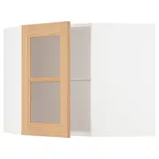 METOD corner wall cab w shelves/glass dr, white/Vedhamn oak, 68x37x60 cm