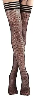 [Oxtxuzdm] Women's Thigh High Fishnet Stockings with Stripe Top Elastic Band Sheer Over Knee Long Socks for Party and Dates Night