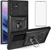 [Asuwish] Phone Case for Samsung Galaxy S23 Ultra 5G with Slide Camera Cover and Tempered Glass Screen Protector Hard Stand Ring Holder Hybrid Cell Accessories S23ultra 23S S 23 S23ultra5g Women Black