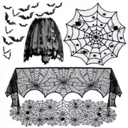 Nevenka 5 Pack Halloween Decorations Tablecloth Set Black Lace Table Runner Round Spider Cobweb with 16pcs Scary Bat