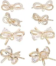 [BB Beadthoven] Beadthoven Bow Post Earring Studs with Loop, 18K Gold Plated Brass Earring Posts Christmas Crystal Cubic Zirconia Ear Pins Components for DIY Jewelry Making Findings Hole: 1mm Pin: 0.8mm 8PCS