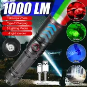 Hunting 4 Color Light Source Flashlight 1000LM LED Lamp Zoom Torch USB Charging