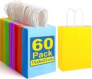 NeulSun 60Pcs Paper Gift Bags, Kraft Paper Party Favor Bags Bulk Rainbow Goodie Bags Small Gift Bags with Handles for Kids Birthday Baby Shower Crafts Wedding Party Supplies (6 Colors)