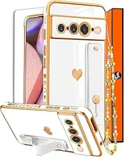 [Coralogo] Heart for Google Pixel 7 Pro Case 6.7 inch for Women Girls Cute Girly Phone Cases with Stand Pretty White Gold Love Hearts Plated Design Aesthetic Cover Screen Chain for Pixel 7 Pro 5G 2022