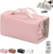 [Generic] Binozinco Leather Waterproof Cosmetic Bag, 4-in-1 Foldable, Detachable, Pink, Travel Makeup Bag with Compartments