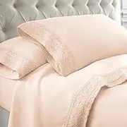 Amrapur Overseas | 4-Piece 100% Microfiber Crochet Lace Bed Sheet Set (Blush, King)