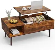 [Sweetcrispy] Coffee Table, Lift Top Coffee Tables for Living Room, Small Rising Wooden Dining Center Tables with Storage Shelf and Hidden Compartment, Brown