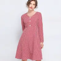 在飛比找momo購物網優惠-【A’bella 艾貝菈】胭脂紅格紋排釦長袖洋裝(中大尺碼/