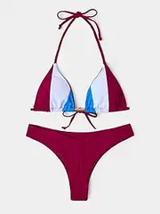 [GJHL] Swimsuit Halter Micro Bikini Color Block Drawstring Backless Triangle Swimwear for Women Fashion Swim (Color : Red, Size : 4)