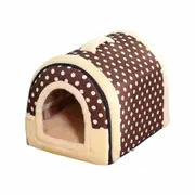 Pet Dog House Kennel Soft Beds Cave Cat Puppy Bed Doggy Warm Cushion Brown Dots