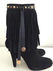 NIB Gucci Devendra Fringe Studded Mid Calf Black Suede Boots Sz 38.5 Never Worn