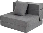 LOVMOC Futon Sofa Bed, High-Density Memory Foam Couch with Fluffy Pillow, Folding Floor Guest Bed, Twin Size, Dark Grey