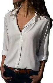 [Generic] Button Down Shirts for Women Plus Size V Neck Button Down Chiffon Shirt Tops