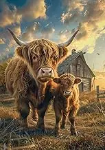 5D Diamond Painting Kits Animal Highland Cattle with Baby Cow Full Drill Round Beads Diamond Art Gems Stone Cross Stitch DIY Diamond Painting by Number Kits Wall Decoration 16x20inch, Clear