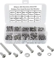FandWay 600Pcs M3 Screw Assortment Kit 304 Stainless Steel Phillips Pan Head Machine Screws Bolts Nuts Lock Flat Washers with Storage Box