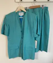 Vintage Executive Collection Spring Blue/Green Plaid Suit Skirt Jacket 12 NOS!