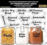 Pantry Labels: 377 Bold Cursive Gloss Clear Preprinted Water Resistant Complete Label Set to Organize Storage Containers, Jars & Canisters w/a Extra Write-on Sticker