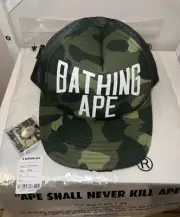 BAPE A BATHING APE Green Camo Trucker Mesh Snapback Cap, Hat 100% Authentic