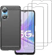 [carinacoco] Case for Oppo A78 5G with 3 Tempered Glass Screen Protector, Soft TPU Carbon Fiber Texture Shockproof Bumper Anti-Drop Rugged Cover, Ultra Slim Anti-Scratch Phone Case, Black