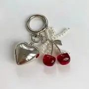 Cherry Resin Bow Faux Pearl Heart Alloy Bag Charm Keyring Red - One Size