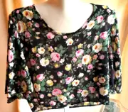 CHARLOTTE RUSSE vintage crop top L sheer black multicolor rose flowy sleeves NEW