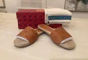 Tory Burch T Monogram Espadrille Slide Sandals Elba Matte Vachette brown sz 9