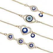 [QUPIVA] 4 Pack Evil Eye Bracelets Pack for Women 14K Gold Plated Blue Evil Eye String Protection Bracelet Aesthetic Jewelry, Stainless Steel, zircon gemstone