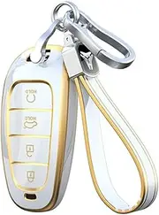 ontto Car Key fob Cover Fit for Hyundai Santa Fe Tucson 2022 Nexo NX4 Atos Prime Solaris 2021 Key case 4 Buttons TPU Smart Key Shell Holder Bag Keychain Keyring Decorative Accessories White B
