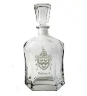 Custom Family Crest Glass Whiskey Decanter, Handcrafted Engraved Coat of Arms