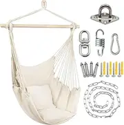 9SHOME Hammock Chair with Hardware Kit, Macrame Hanging Rope Swing Seat with Cushions and Chain, Hanging Chair with High Load-Bearing Rod for Indoor, Outdoor, Patio, Balcony, Garden, Living Room