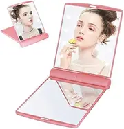 8 LED Light Pocket Makeup Mirror, Beauties Factory Battery Powered Compact Foldable Travel Portable Illuminated Handheld Tabletop Stand Purse Size Mirror 2 Sided (Pink)
