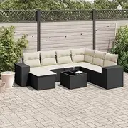 8 Piece Garden Sofa Set with Cushions, Black Poly Rattan Patio Furniture, Weather-Resistant Outdoor Set, Modular Design with Storage, Elegant Glass Top Table