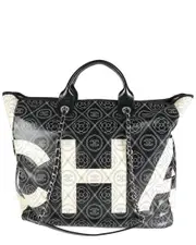 Chanel Beige & Black Coated Canvas & Leather Camellia & CC Print Shopper Tote (Authentic Pre-Loved)